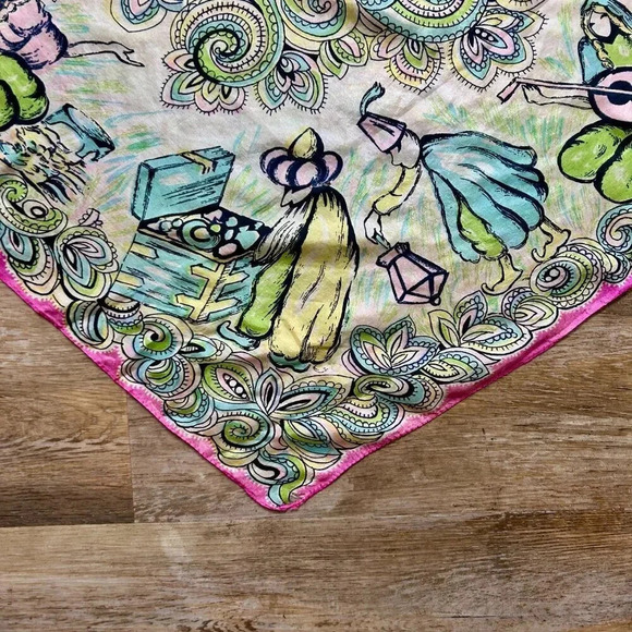 Vintage 100% Silk Snake Charmer Indian Dancers Square Scarf With Damage - Picture 10 of 11